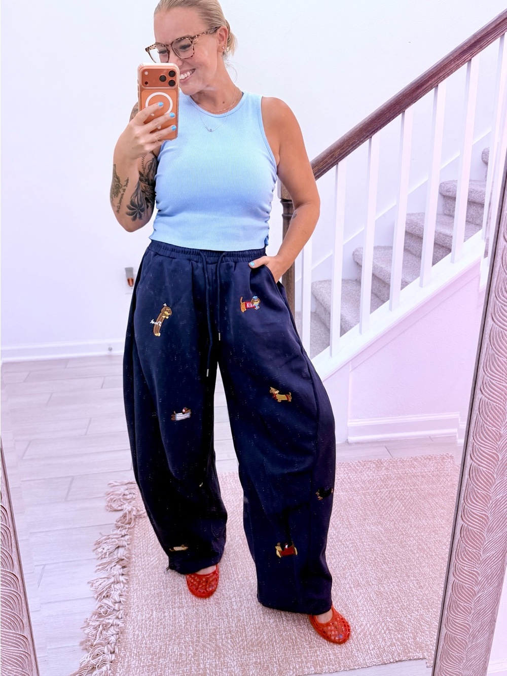 NEW Wide-Leg Barrel Embroidered Navy Blue Weenie Dog Puppy Oversized Sweat Pants